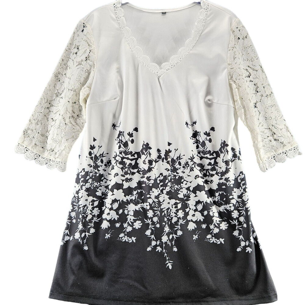 Womens Blouse Multi-Color Size Medium Lace 3/4 Sleeve Pullover Floral Design